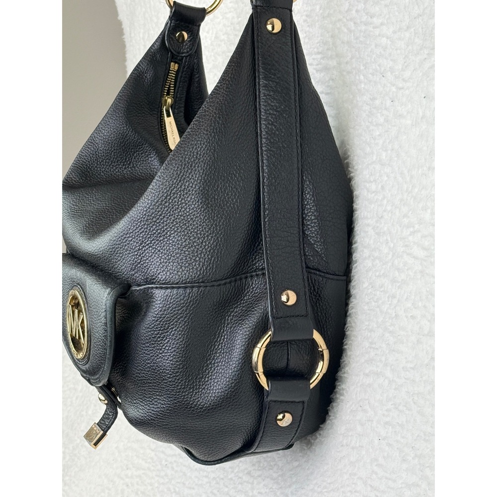 Michael Kors Fulton Hobo Bag Black Pebbled Leather Gold MK Logo Shoulder Bag - Picture 6 of 14